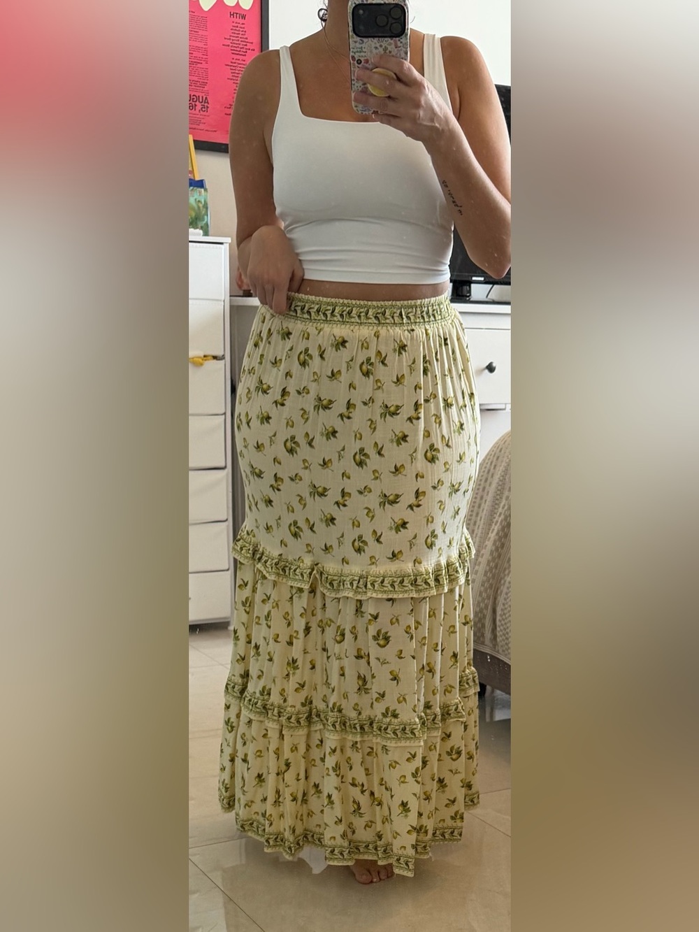 Max Studio Lemon Print Tiered Midi Skirt